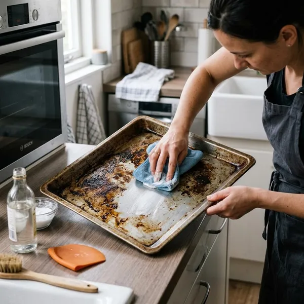 Aangekoekte bakplaat schoonmaken met een vaatwastablet